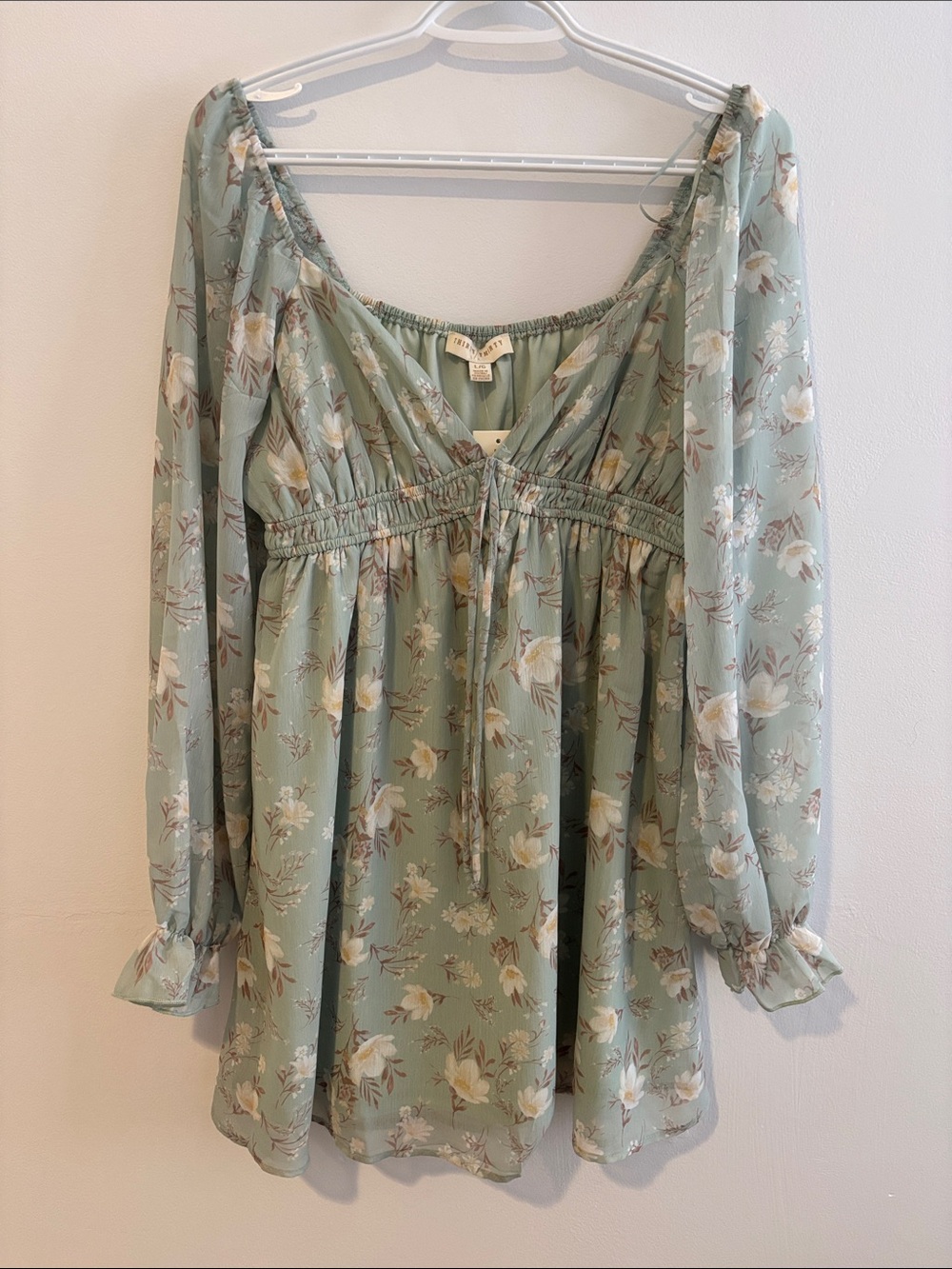 Sage Green Floral Peasant Blouse